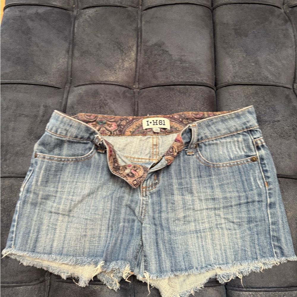 Blue Jean Shorts with Distressed Raw Hem